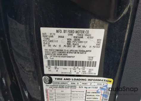 2010 Ford F-150 Fx4/Harley-Davidson/King Ranch/Lariat/Platinum/Xl/Xlt z USA, uszkodzony, nr VIN 1FTFW1EV0AFD08707